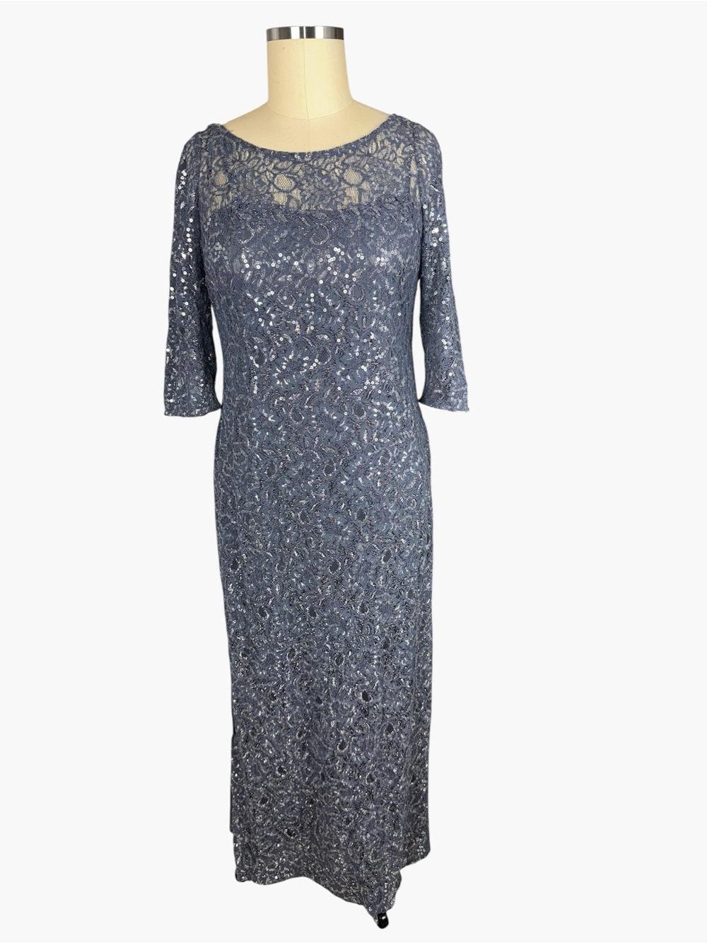 Alex Evenings Size 16 Silver Gray Sequin Lace Formal Maxi Dress